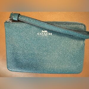 Coach Corner Zip Wristlet-Metallic Dark Teal